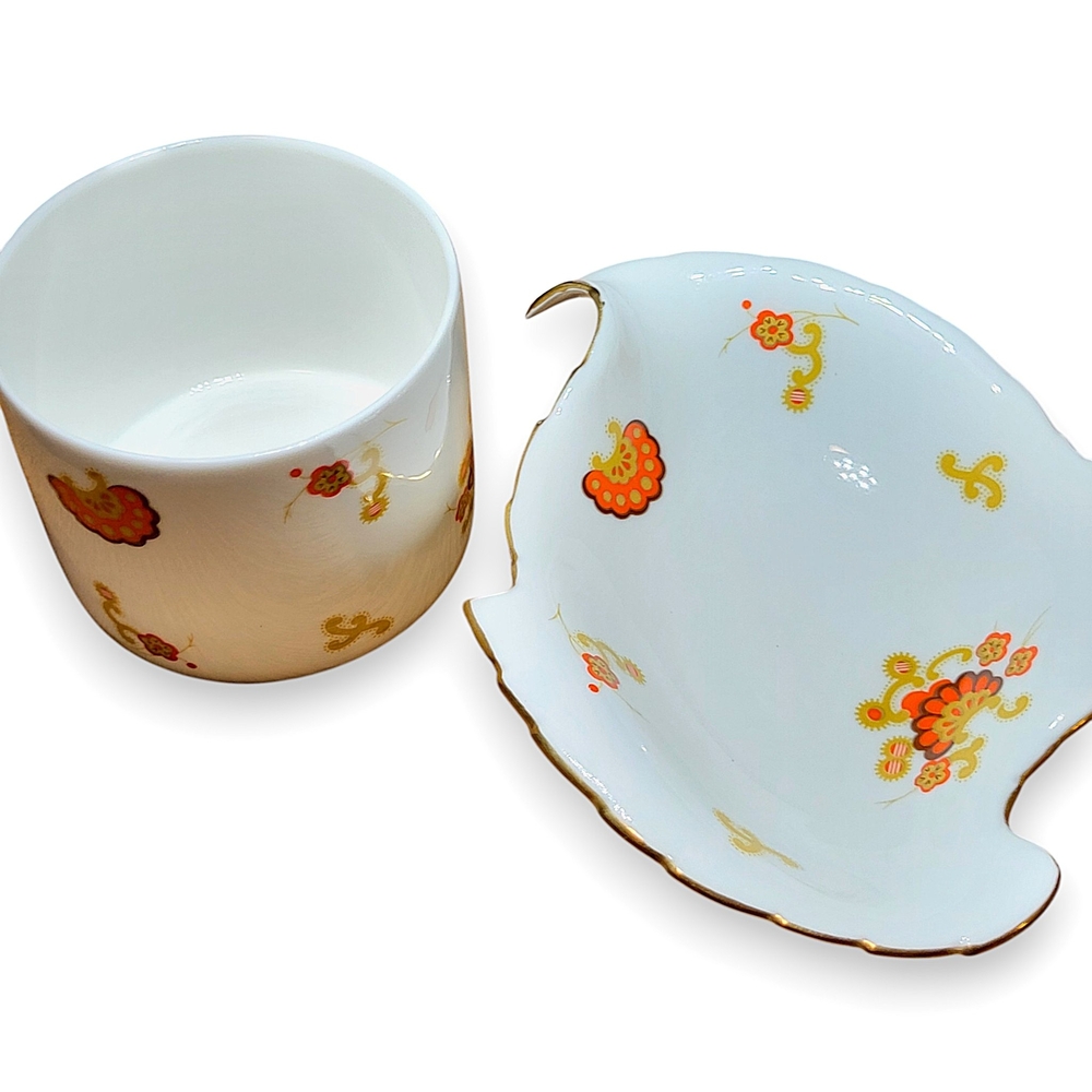Minton Oberon Bone China Leaf Trinket Dish & Mustard Jar White, Orange & Gold